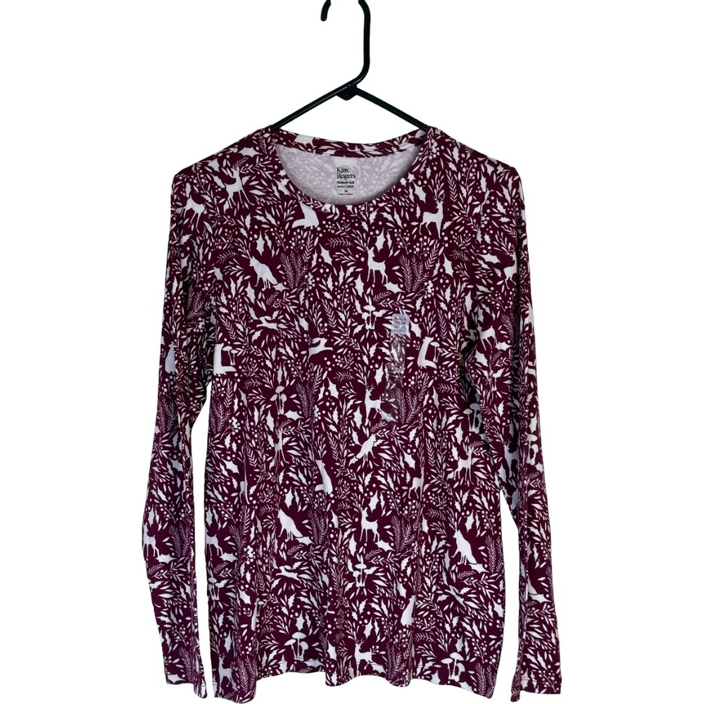 Kim Rogers LS Crew Neck Tee Womens Medium Sangria Woods Reindeer Christmas Shirt